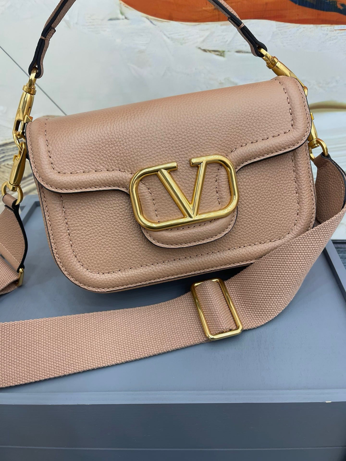 Valentino Alltime Shoulder Bag in Beige Grained Leather