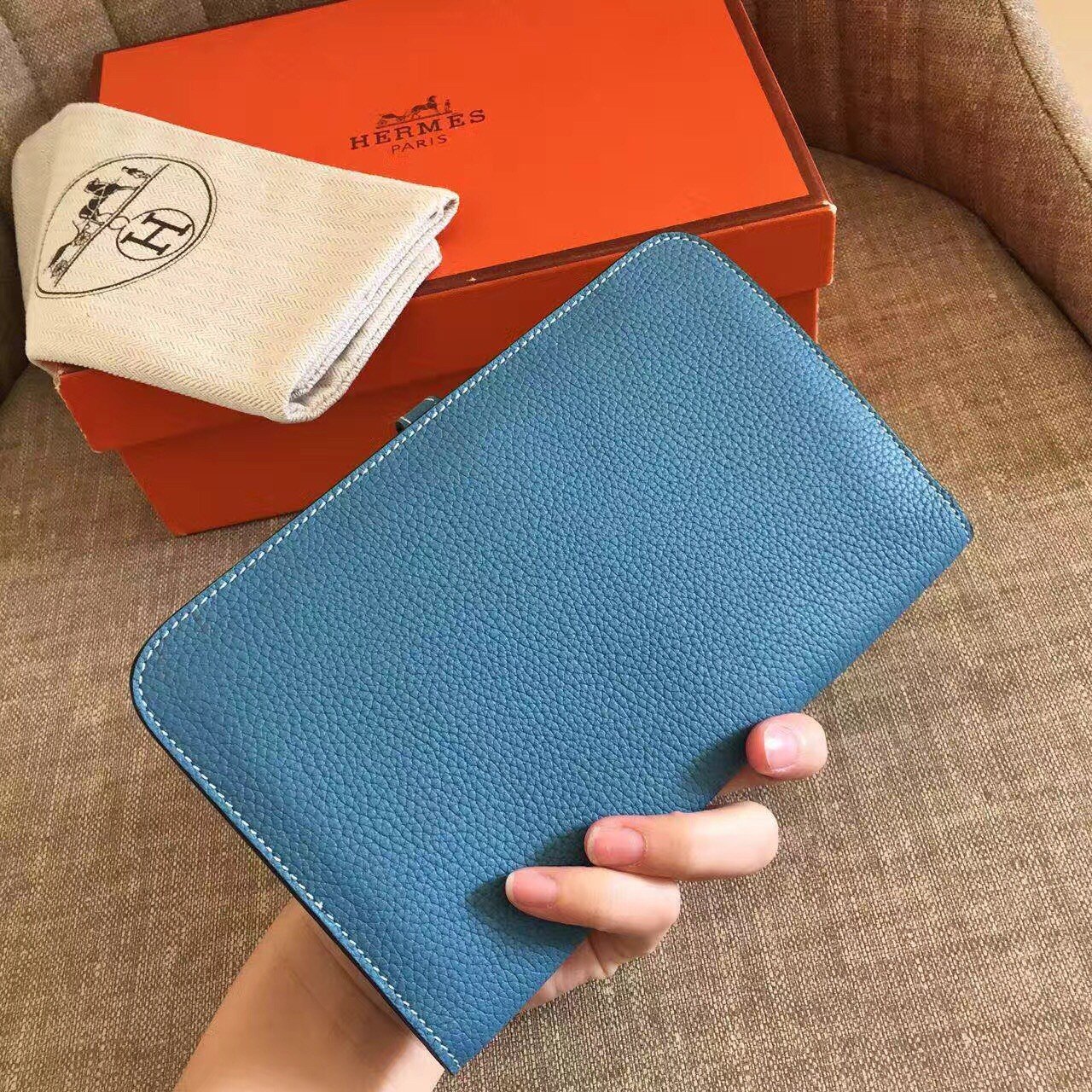 Hermes Dogon Duo Wallet in Blue Jean Clemence Leather