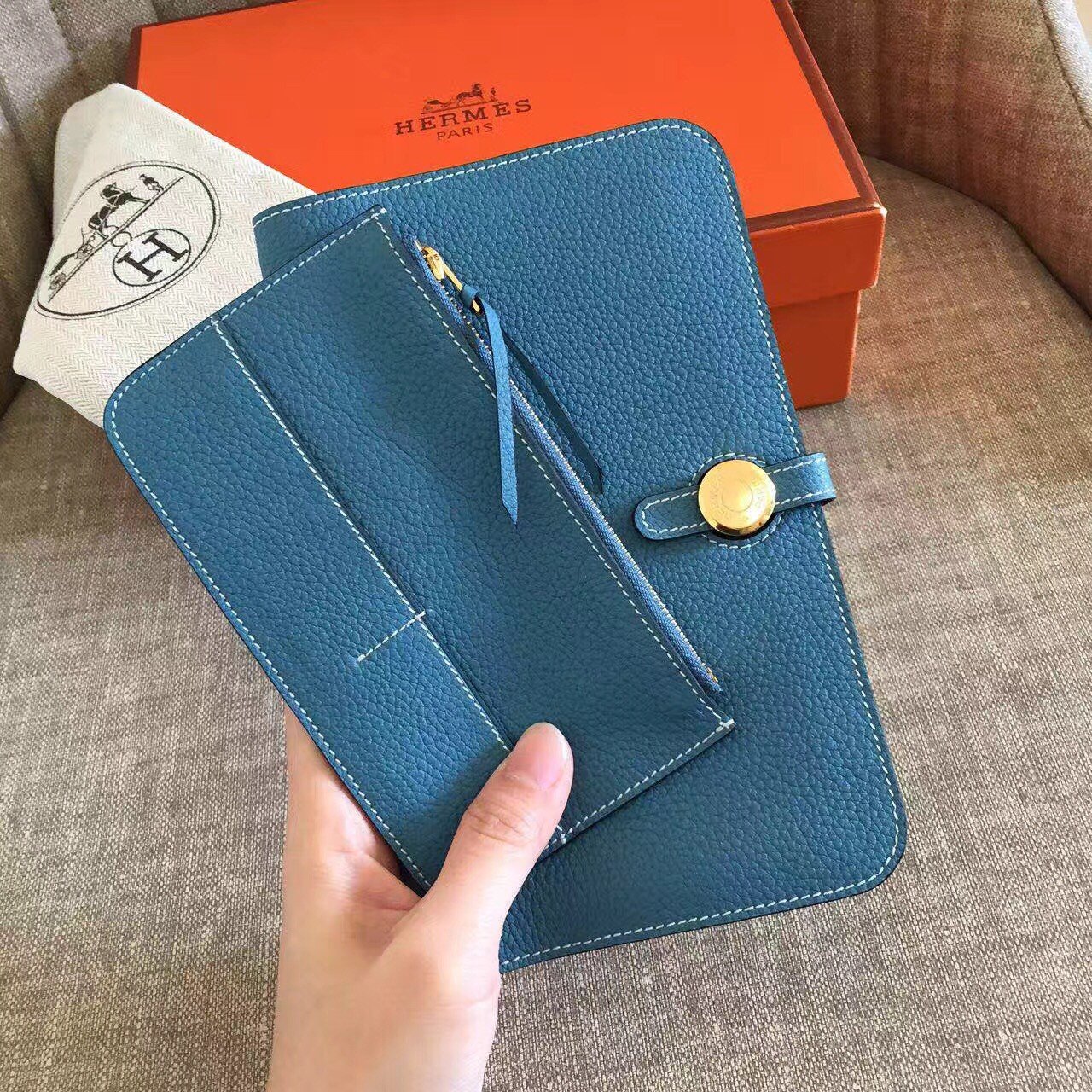 Hermes Dogon Duo Wallet in Blue Jean Clemence Leather