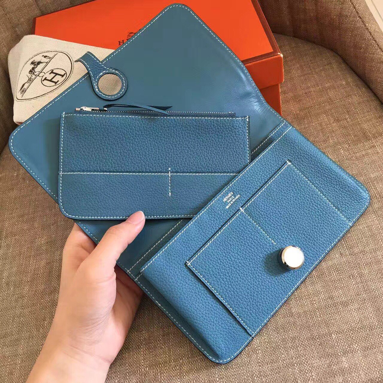 Hermes Dogon Duo Wallet in Blue Jean Clemence Leather