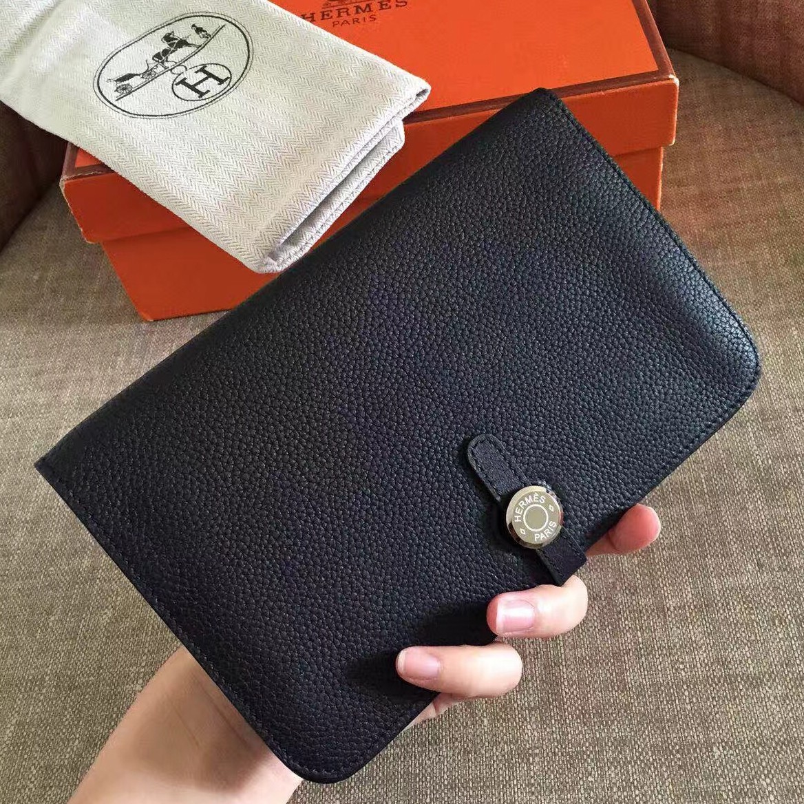 Hermes Dogon Duo Wallet in Black Clemence Leather