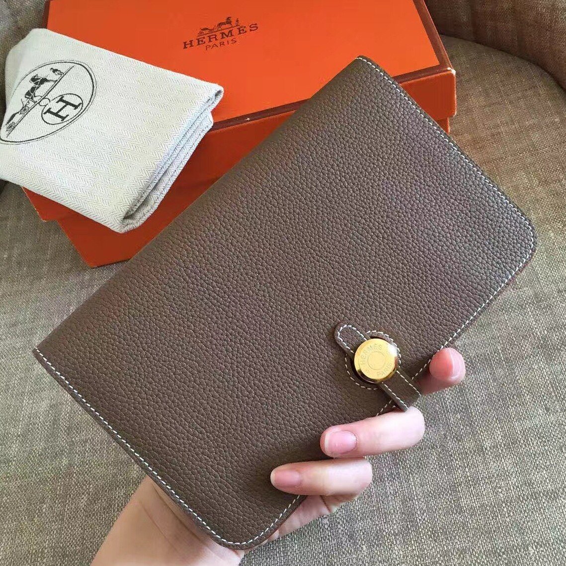 Hermes Dogon Duo Wallet in Taupe Clemence Leather