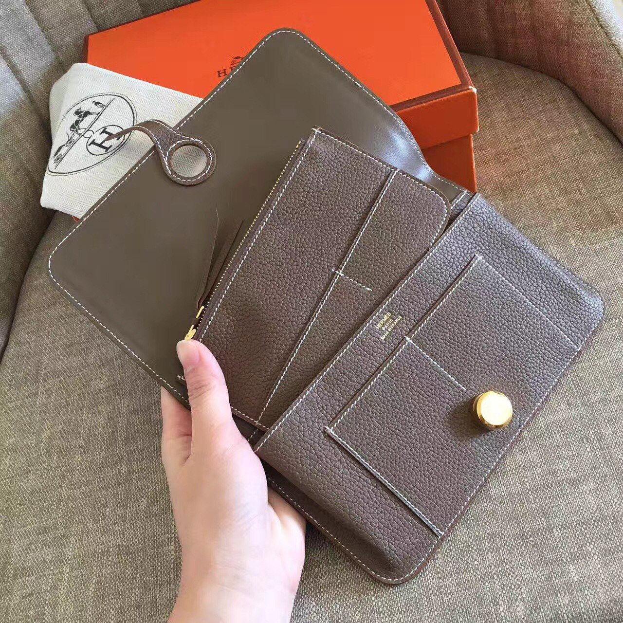 Hermes Dogon Duo Wallet in Taupe Clemence Leather