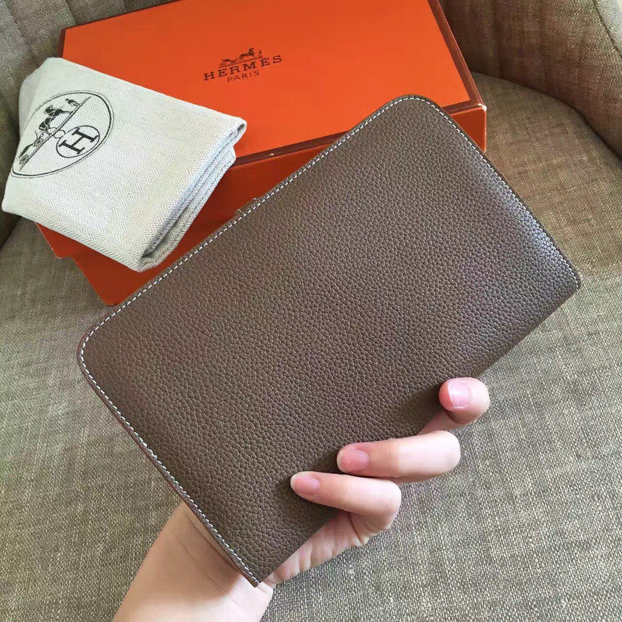 Hermes Dogon Duo Wallet in Taupe Clemence Leather