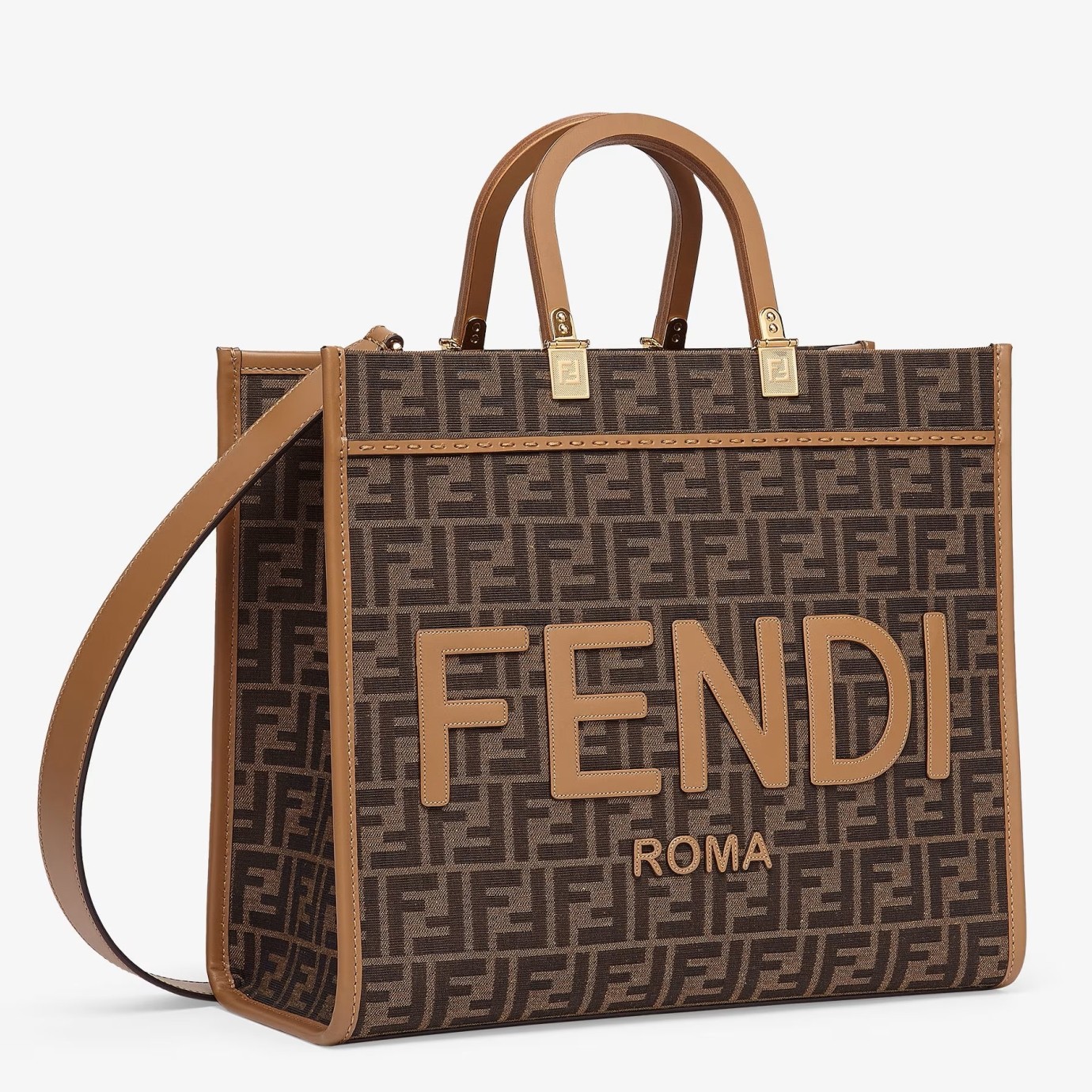 Fendi Sunshine Medium Tote Bag in Brown FF Jacquard Fabric