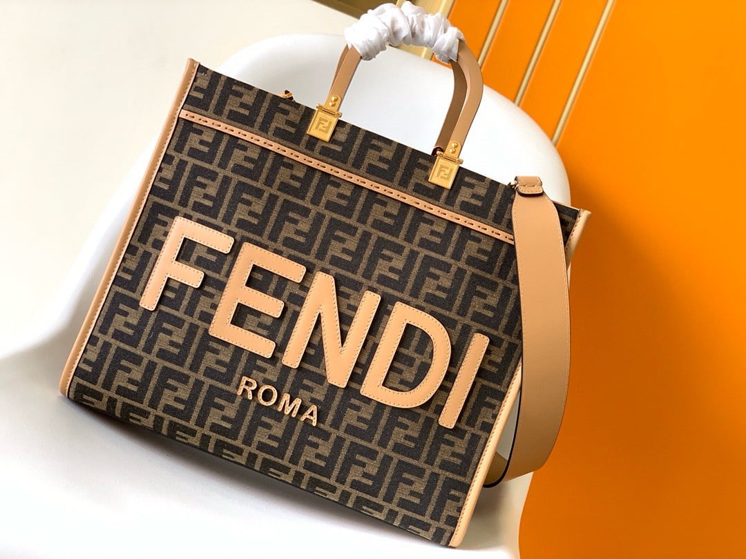 Fendi Sunshine Medium Tote Bag in Brown FF Jacquard Fabric