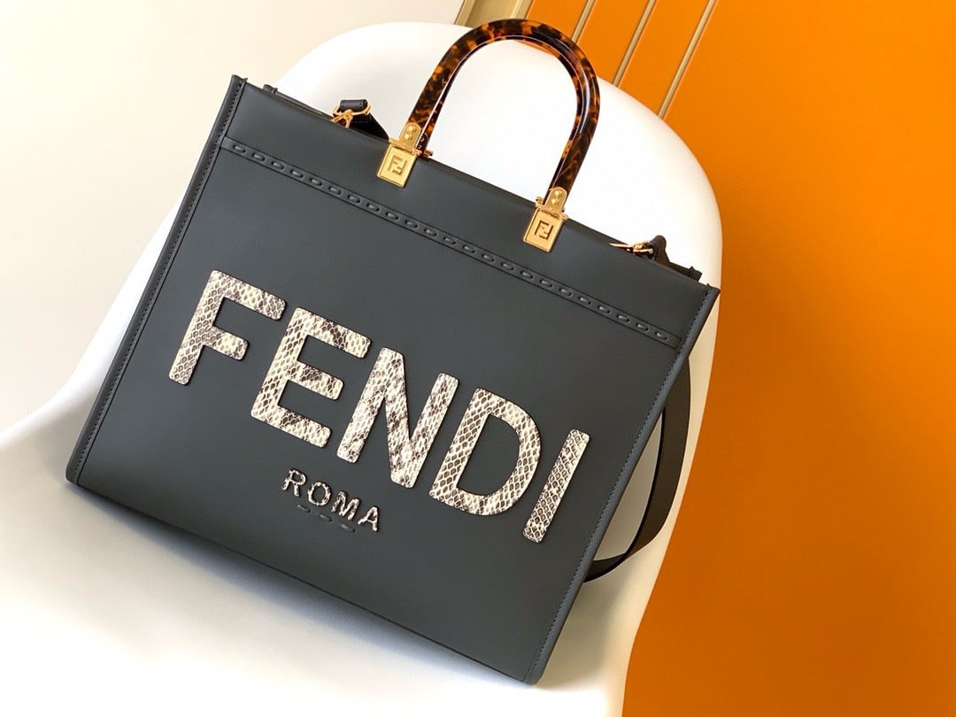 Fendi Sunshine Medium Tote Bag in Black Leather with Python Logo