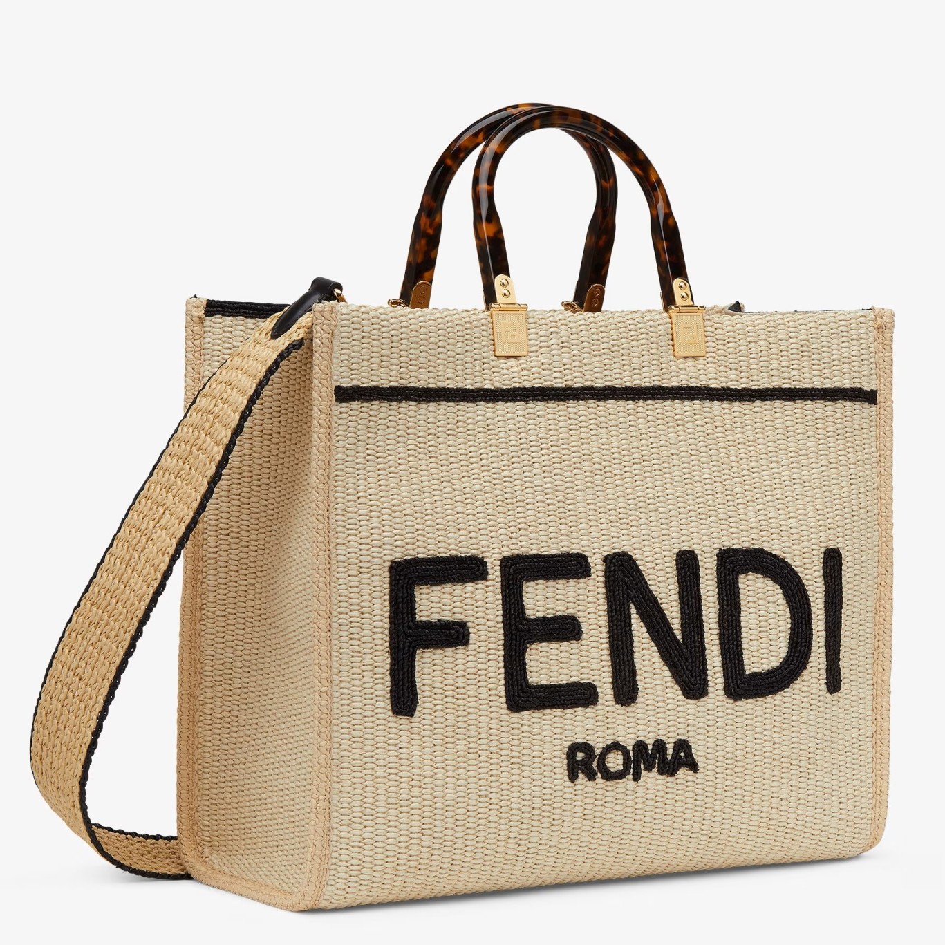 Fendi Sunshine Medium Tote Bag in Black and Natural Straw