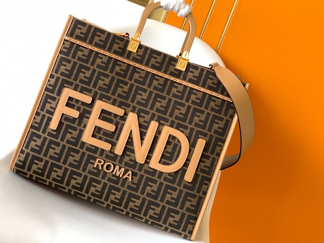 Fendi Sunshine Large Tote Bag in Brown FF Jacquard Fabric