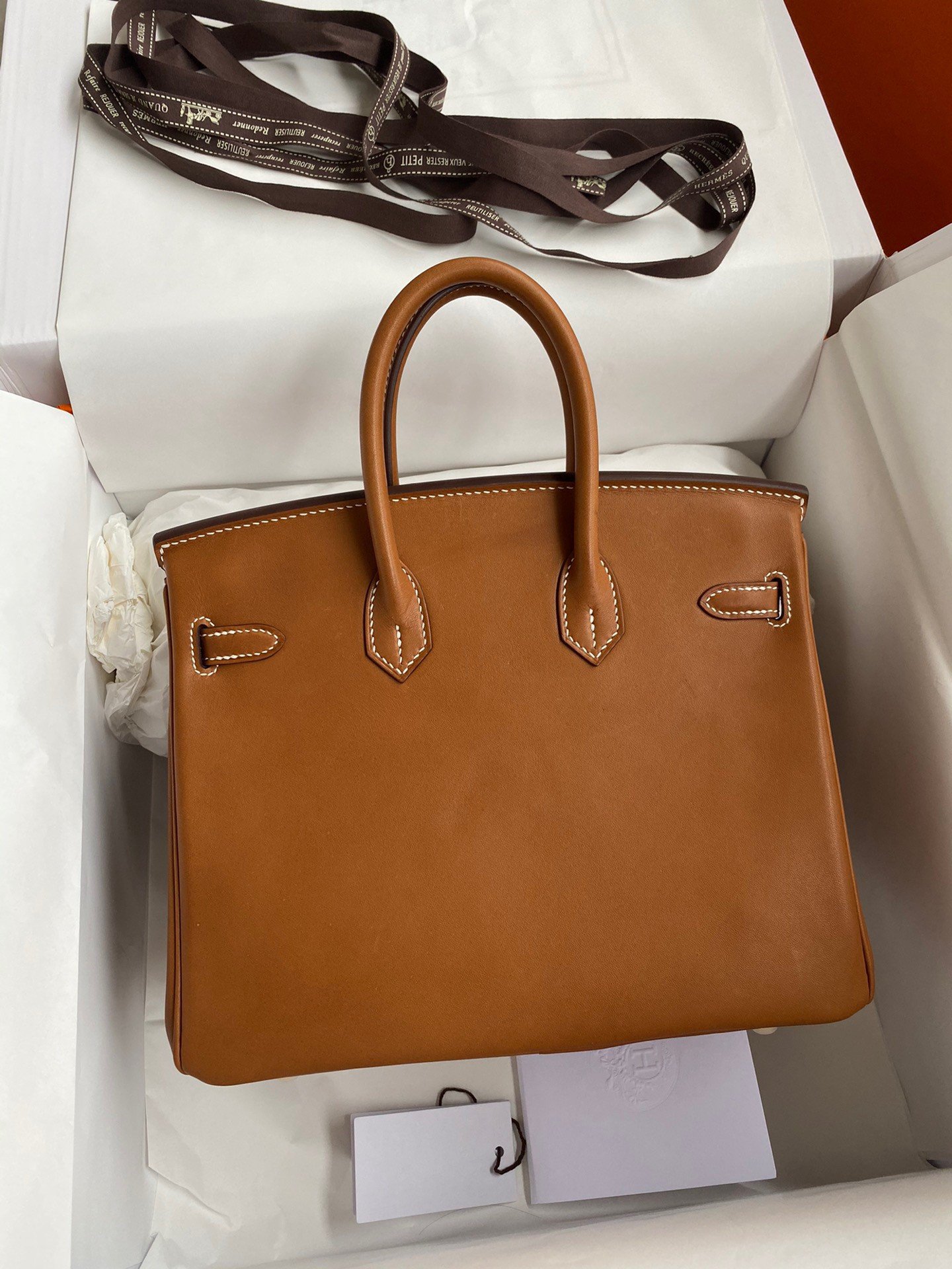 Hermes Birkin 25 Retourne Handmade Bag In Gold Barenia Calfskin