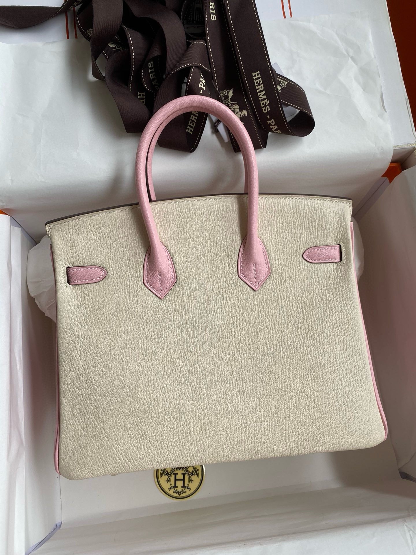 Hermes HSS Birkin 25 Bicolor Bag in Craie and Pink Chevre Mysore Leather