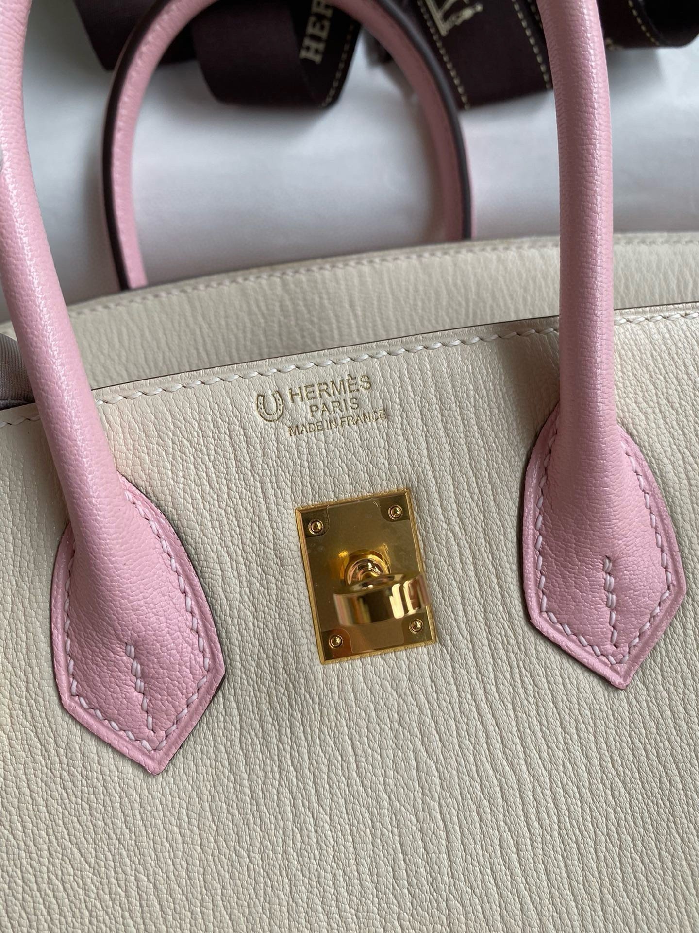 Hermes HSS Birkin 25 Bicolor Bag in Craie and Pink Chevre Mysore Leather