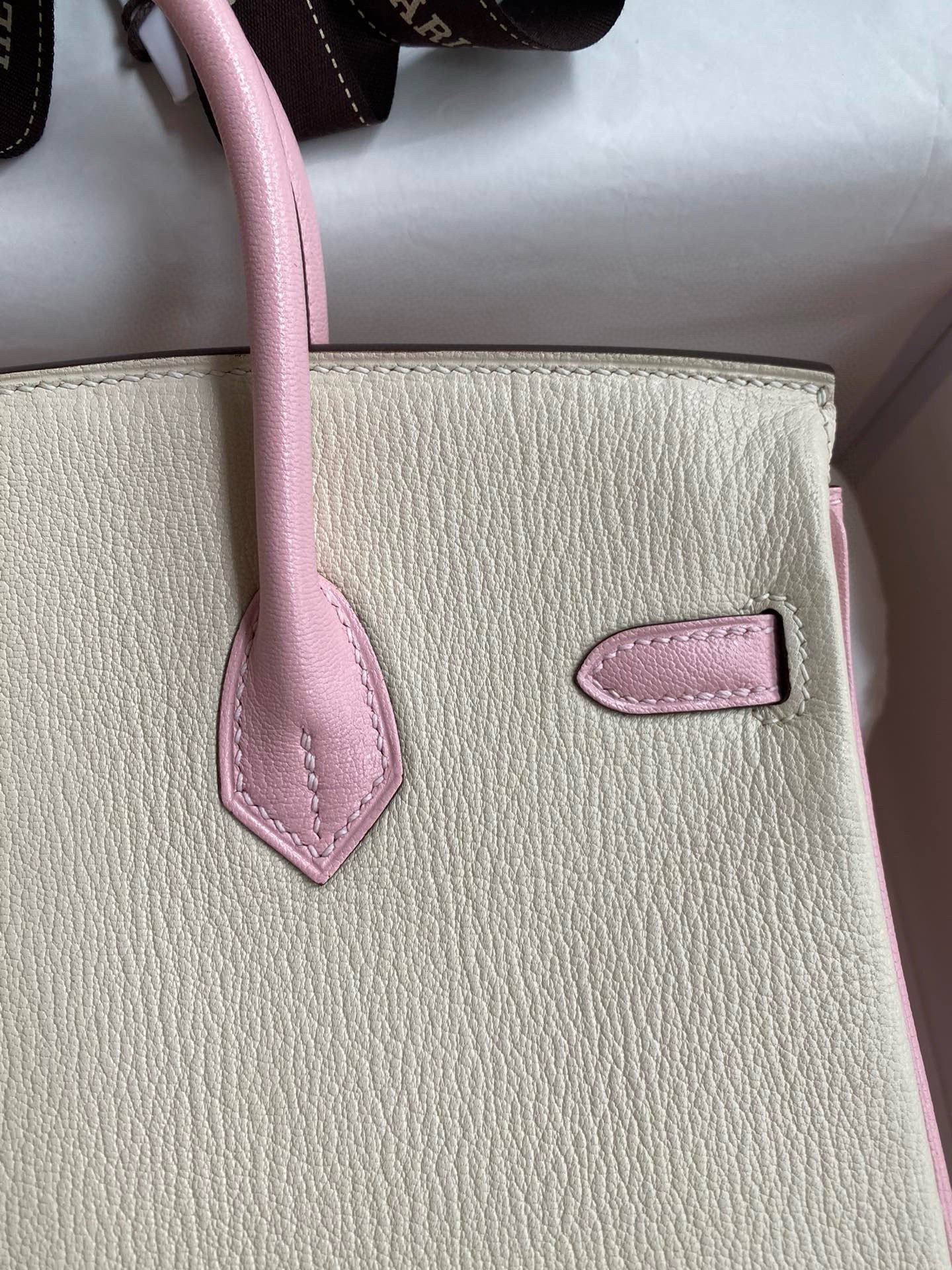 Hermes HSS Birkin 25 Bicolor Bag in Craie and Pink Chevre Mysore Leather