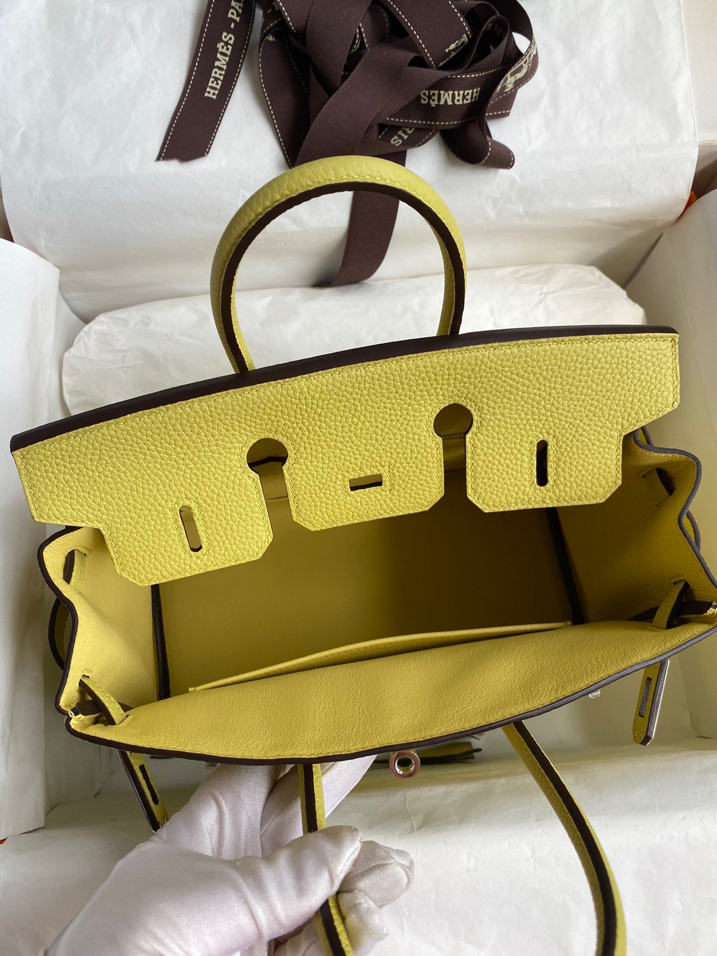 Hermes Birkin 25 Retourne Handmade Bag In Jaune Poussin Clemence Leather