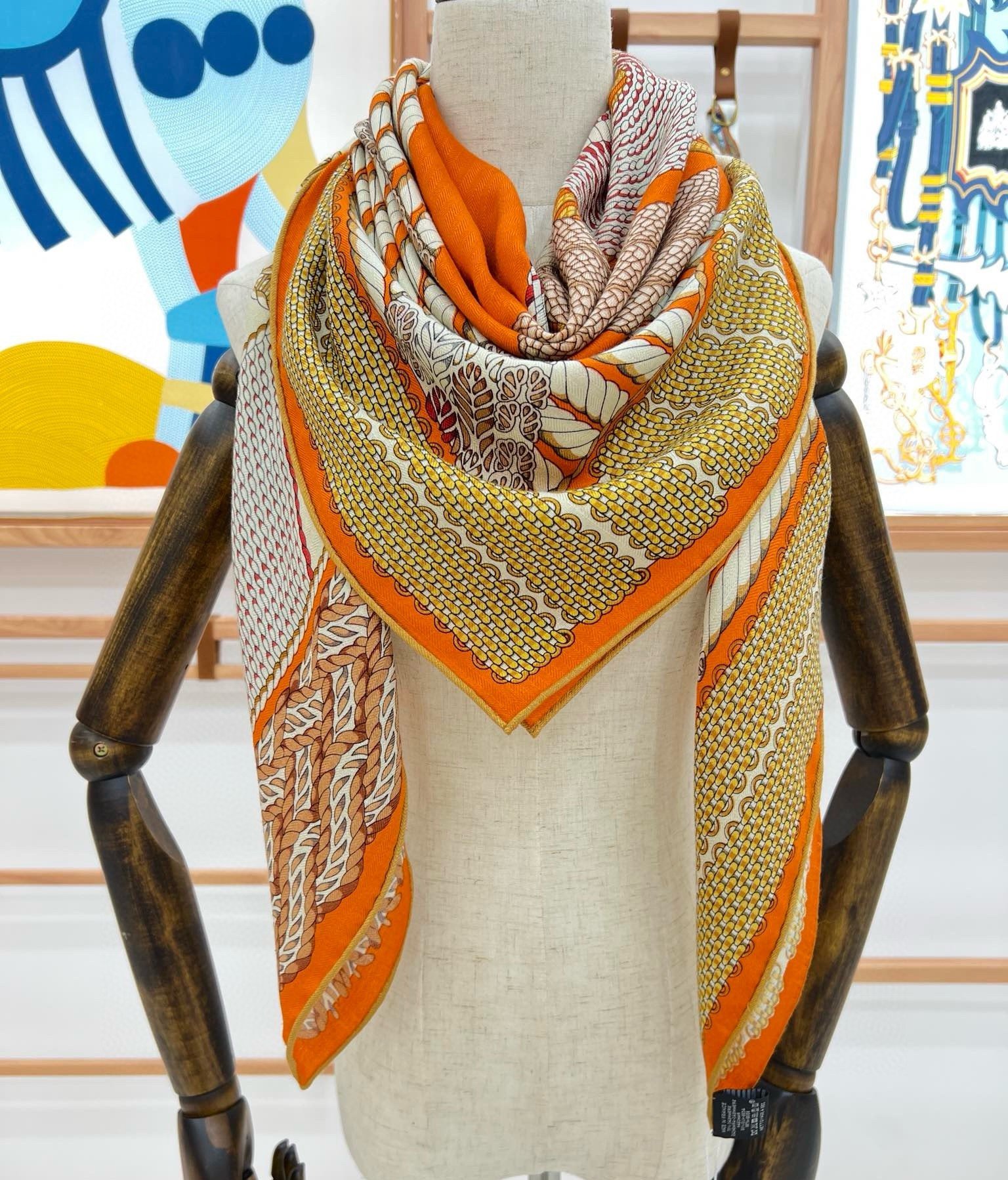 Hermes Orange Dressage Tressage Shawl 140