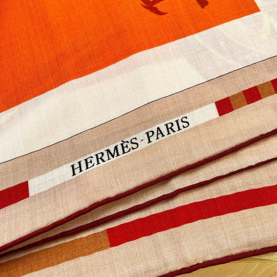 Hermes Orange Voitures en Equilibre Shawl 140