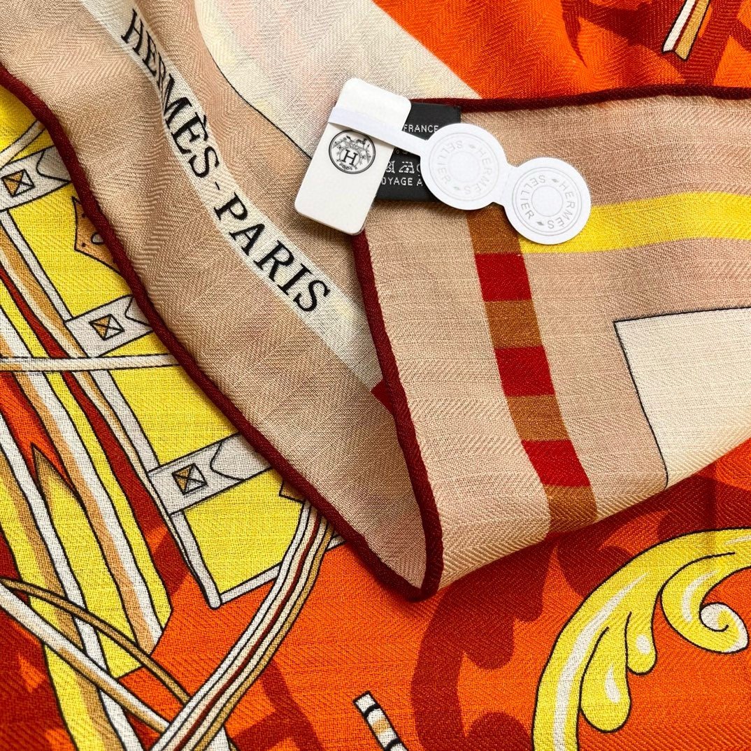 Hermes Orange Voitures en Equilibre Shawl 140