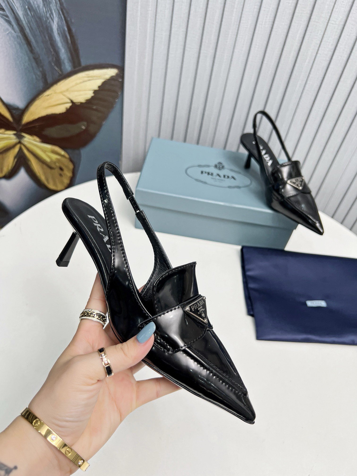 Prada Slingback Pumps 45mm in Black Patent Calfskin