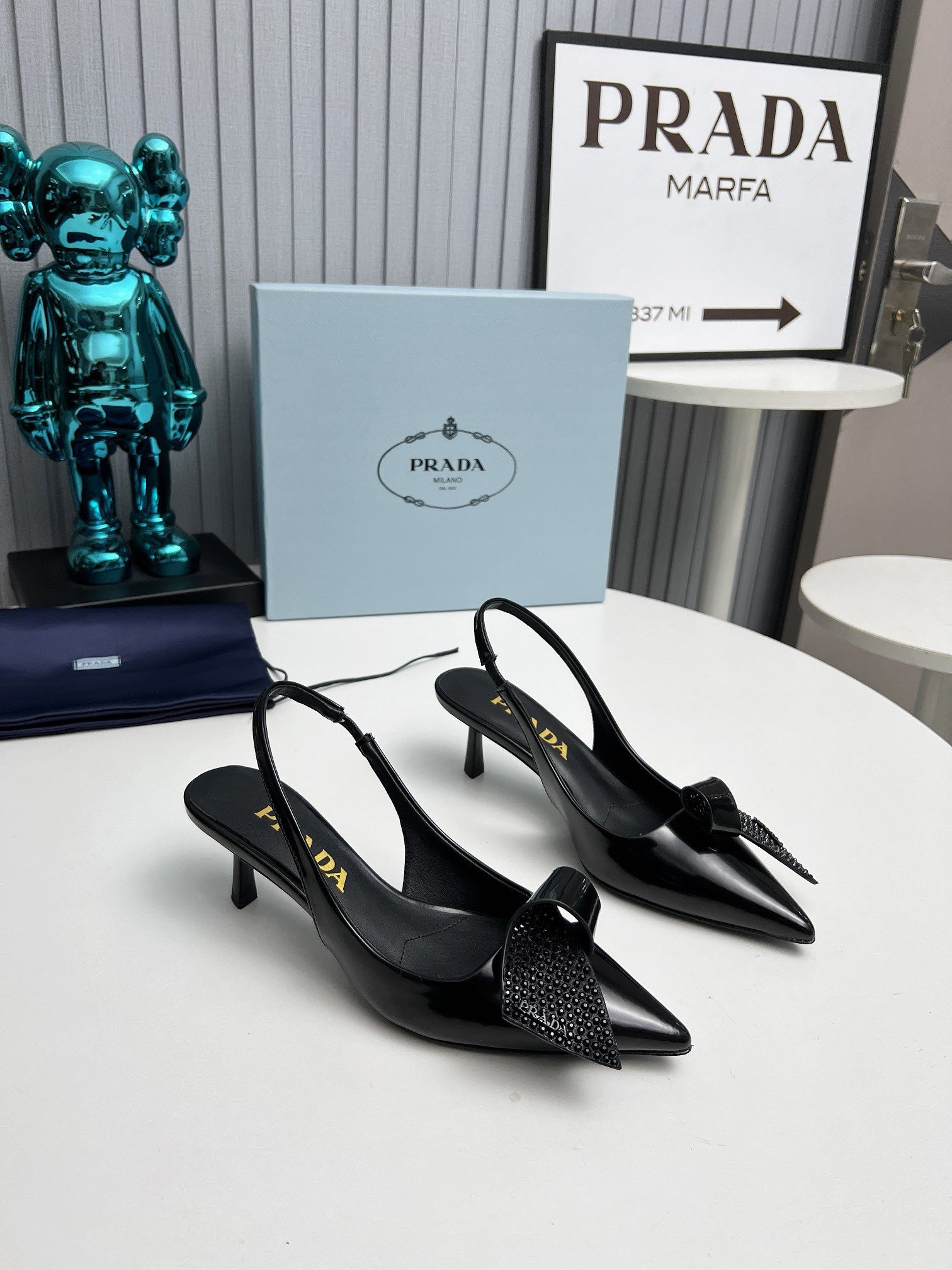 Prada Slingback Pumps 55mm in Black Patent with Crystals Ornament