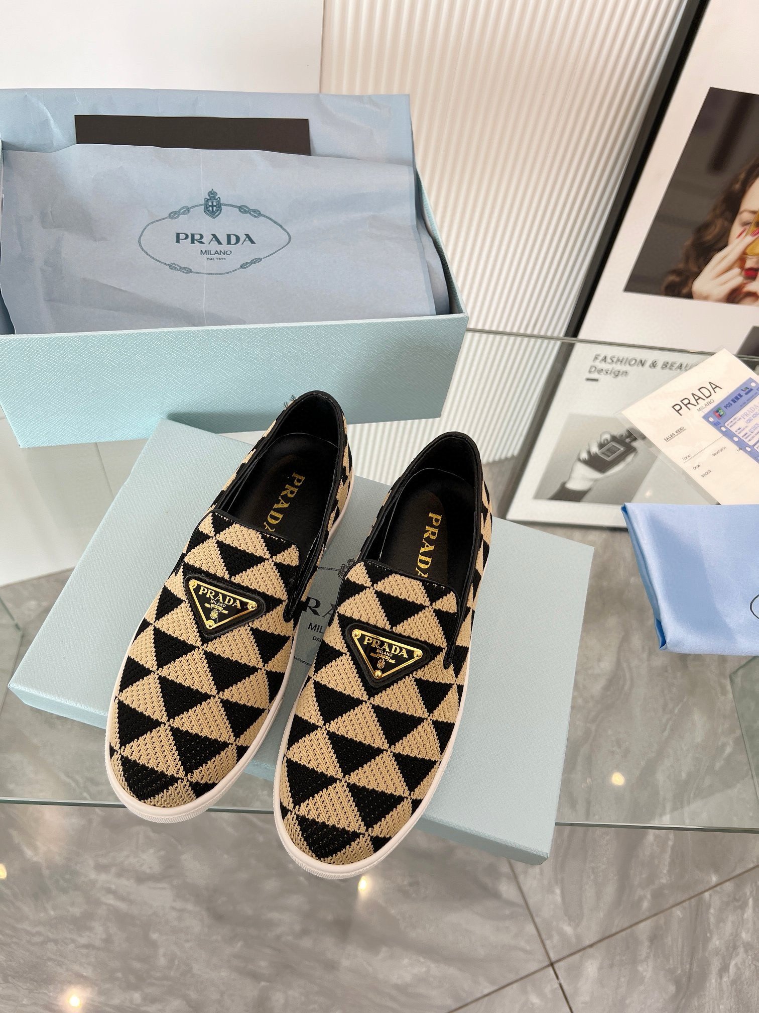 Prada Slip-on Sneakers in Black/Beige Embroidered Fabric