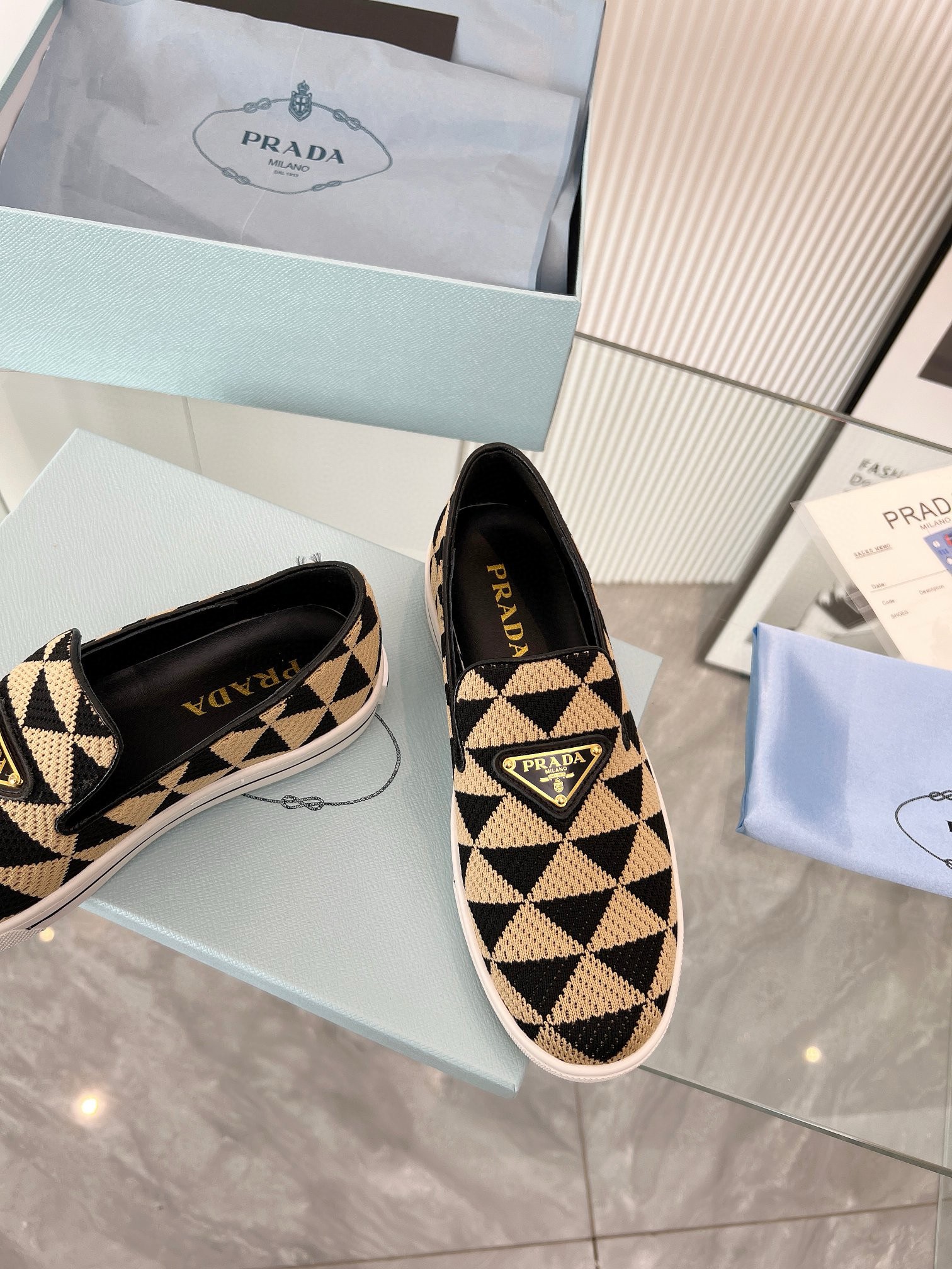 Prada Slip-on Sneakers in Black/Beige Embroidered Fabric