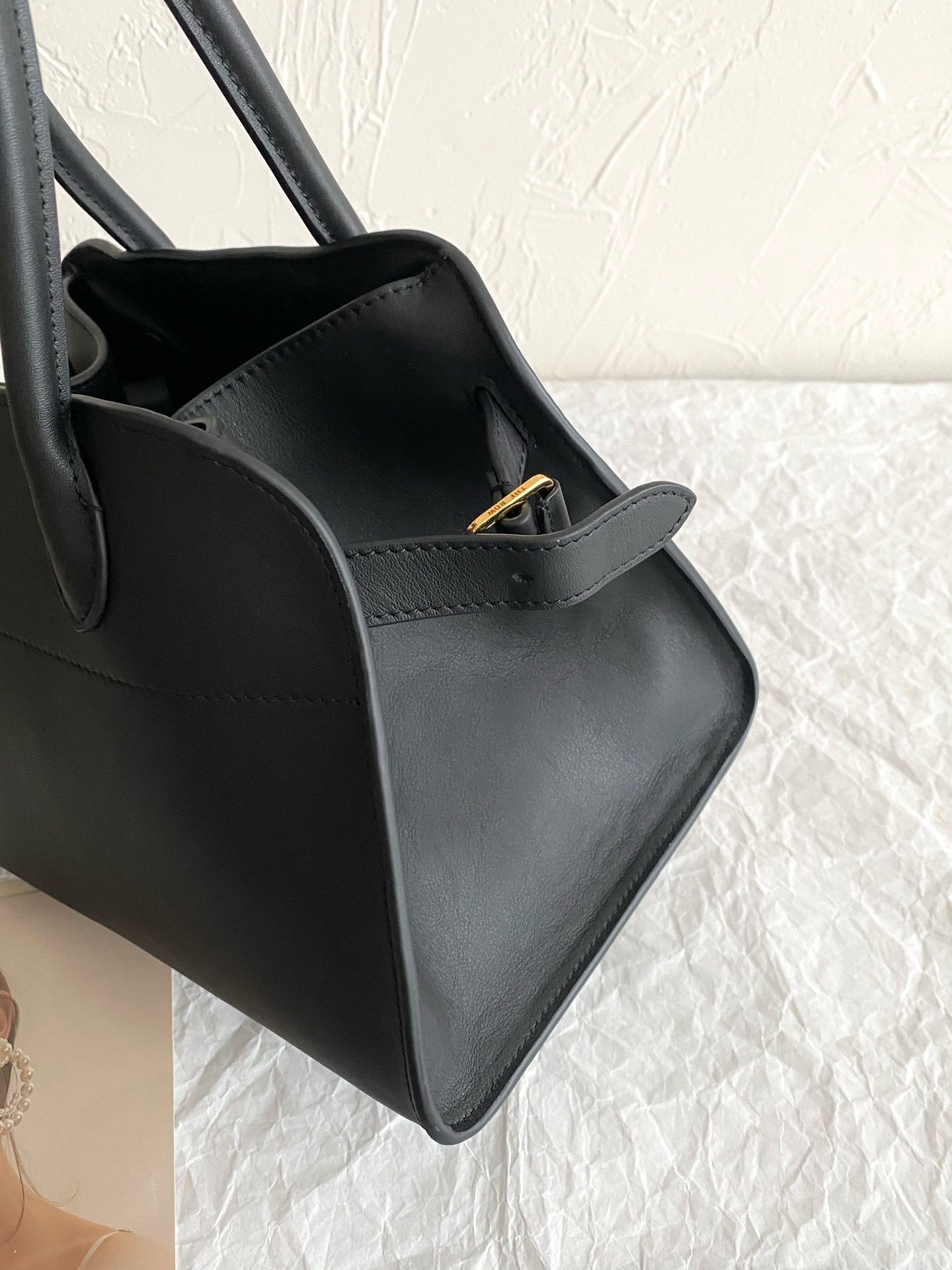 The Row Margaux 10 Top Handle Bag in Black Leather