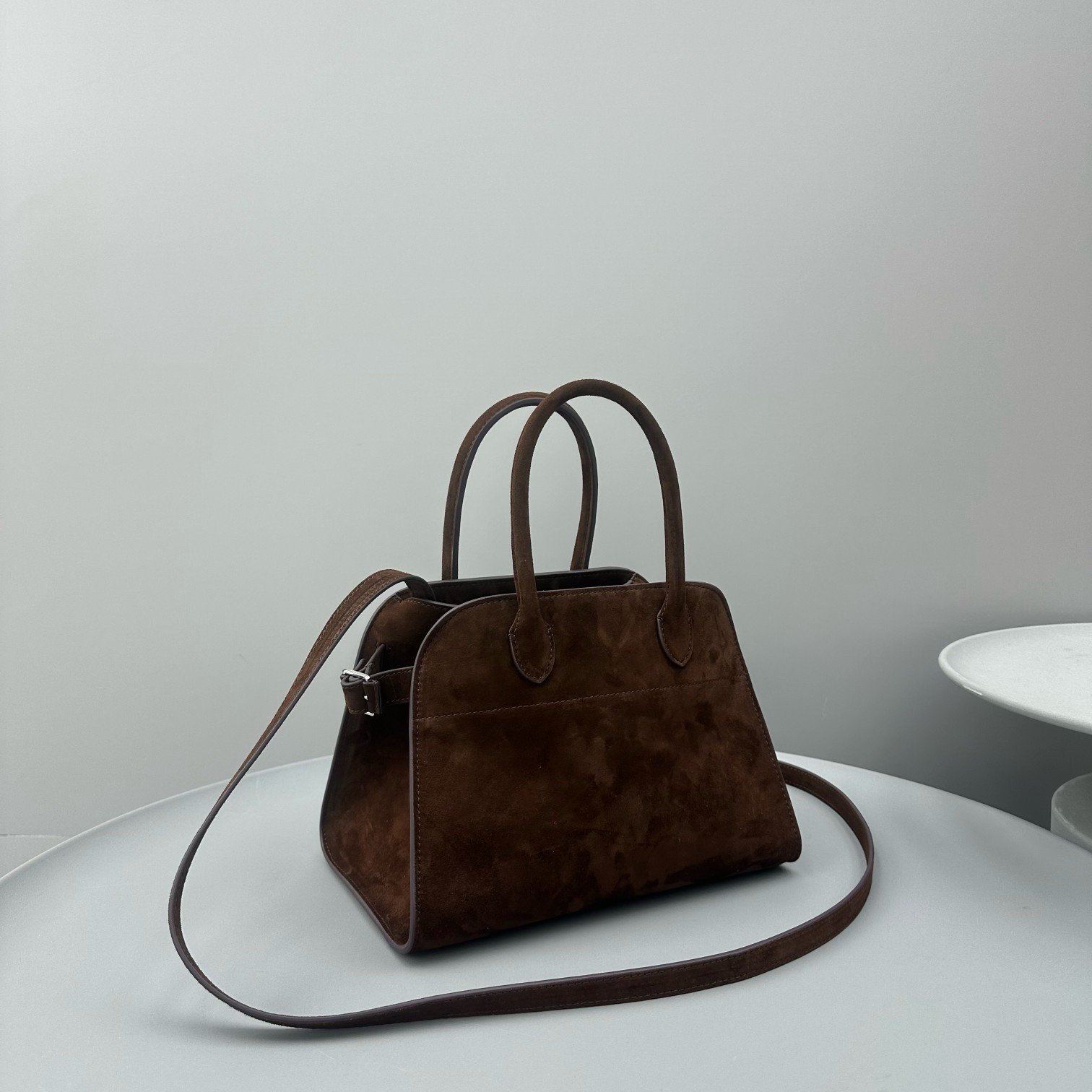 The Row Margaux 10 Top Handle Bag in Brown Suede Leather