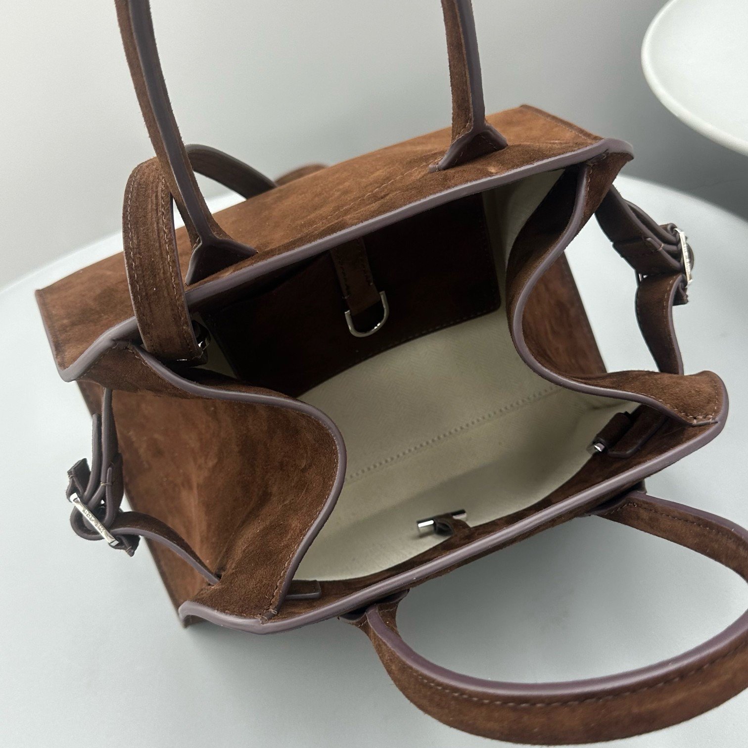 The Row Margaux 10 Top Handle Bag in Brown Suede Leather