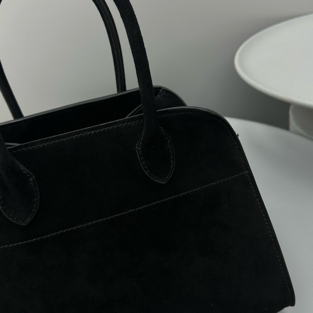 The Row Margaux 10 Top Handle Bag in Black Suede Leather