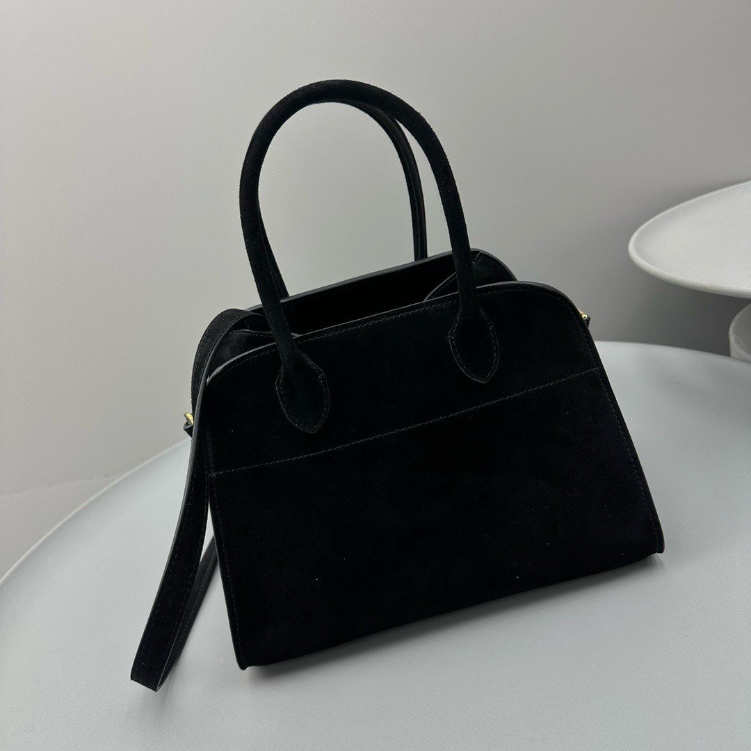 The Row Margaux 10 Top Handle Bag in Black Suede Leather