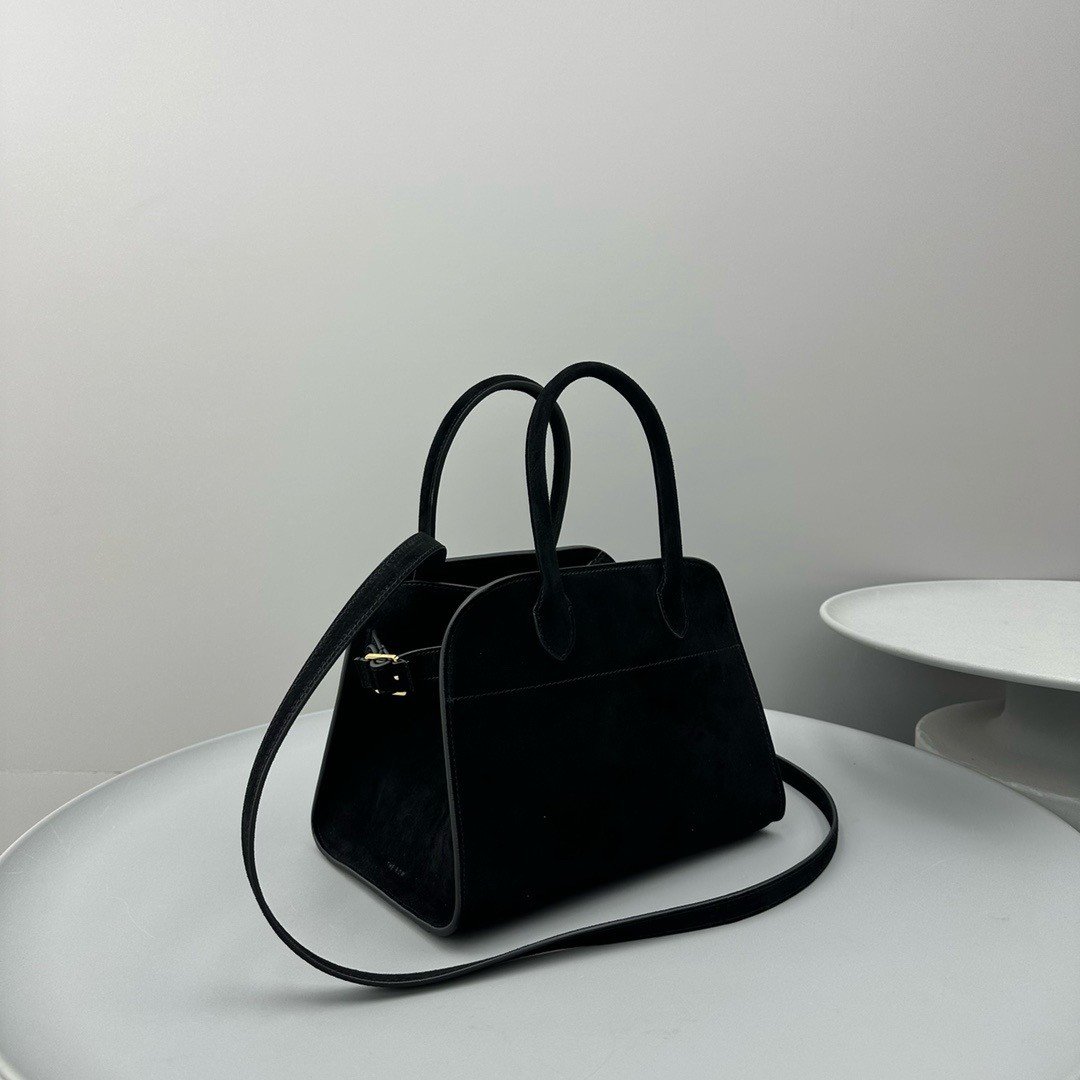 The Row Margaux 10 Top Handle Bag in Black Suede Leather