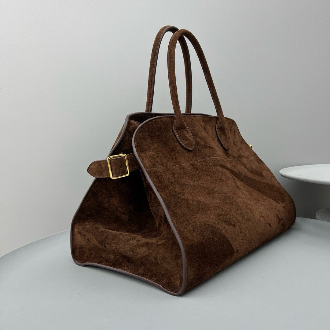 The Row Margaux 15 Top Handle Bag in Mocha Suede Leather