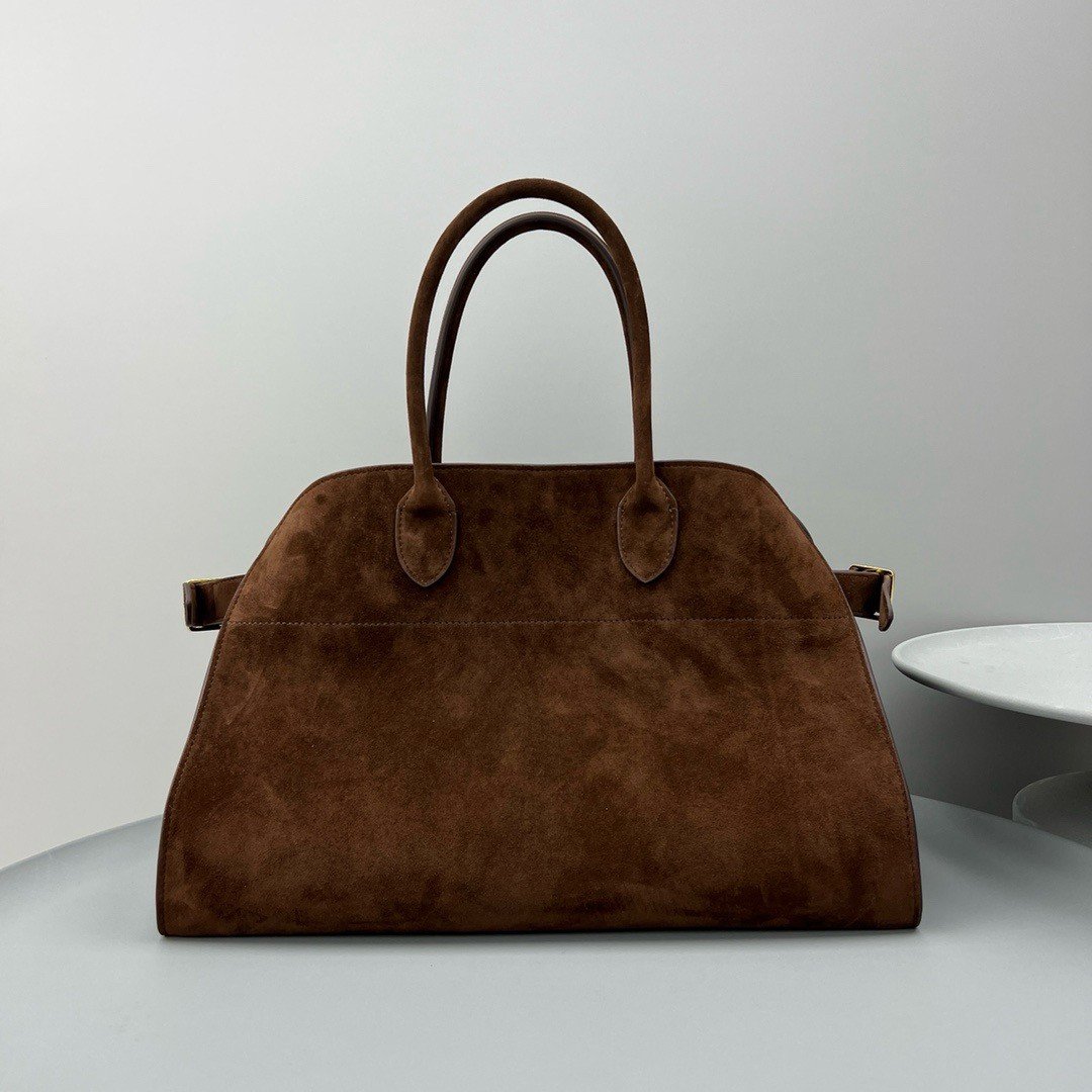 The Row Margaux 15 Top Handle Bag in Mocha Suede Leather