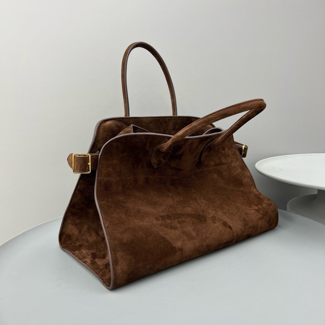 The Row Margaux 15 Top Handle Bag in Mocha Suede Leather