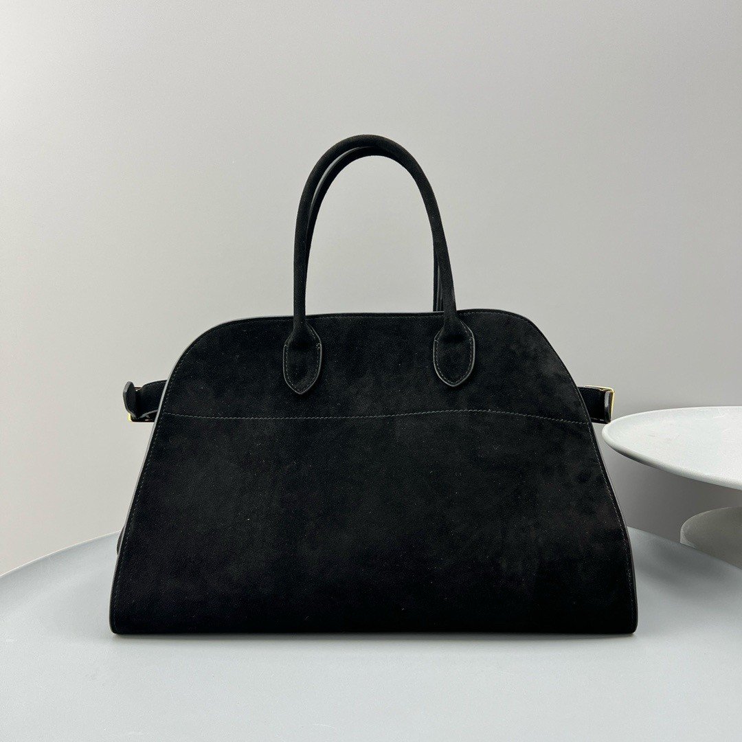 The Row Margaux 15 Top Handle Bag in Black Suede Leather