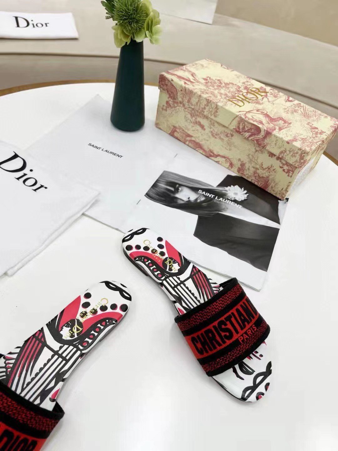 Dior Dway Slides In Embroidered Cotton with Cupidon Motif