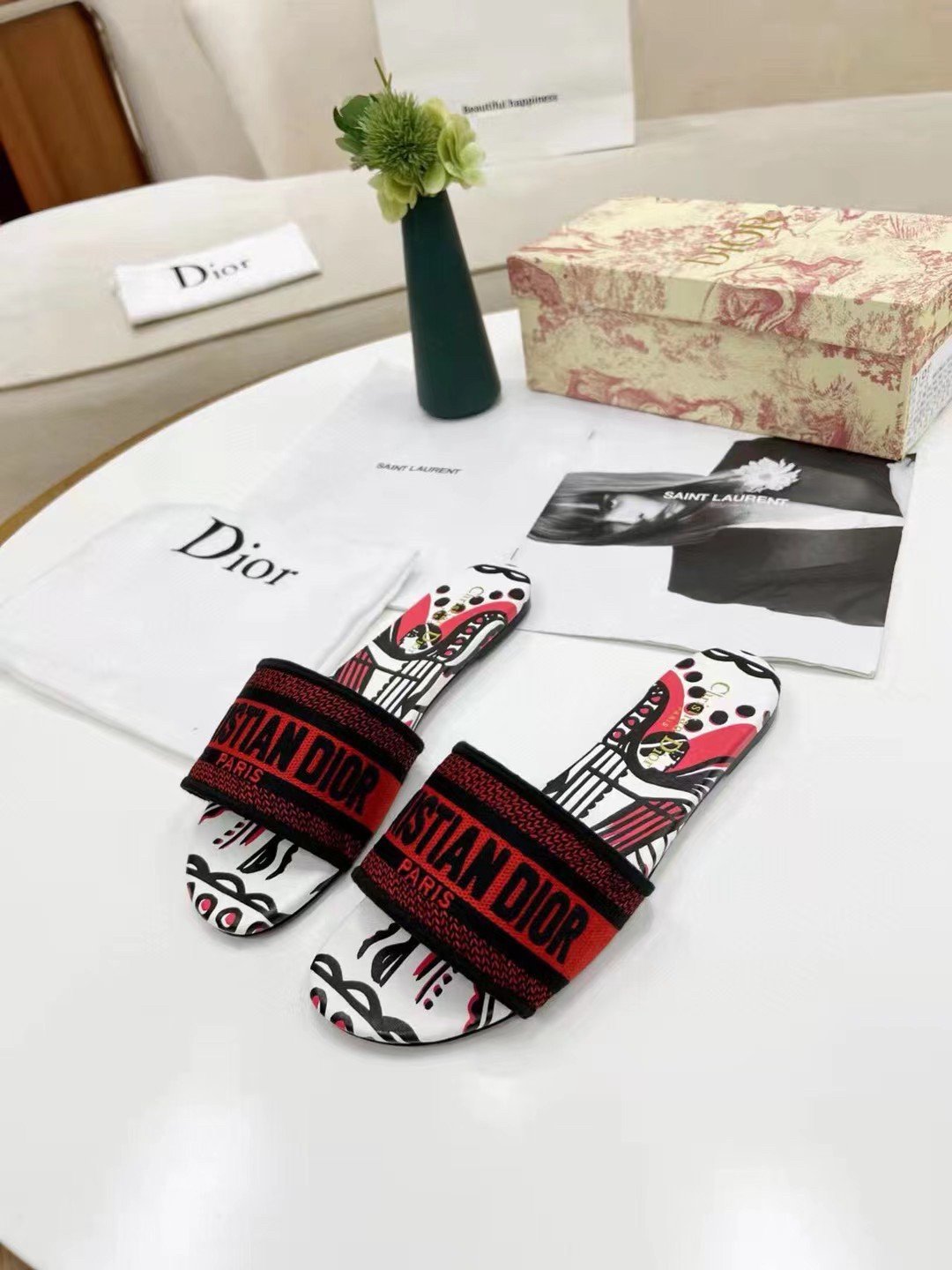 Dior Dway Slides In Embroidered Cotton with Cupidon Motif