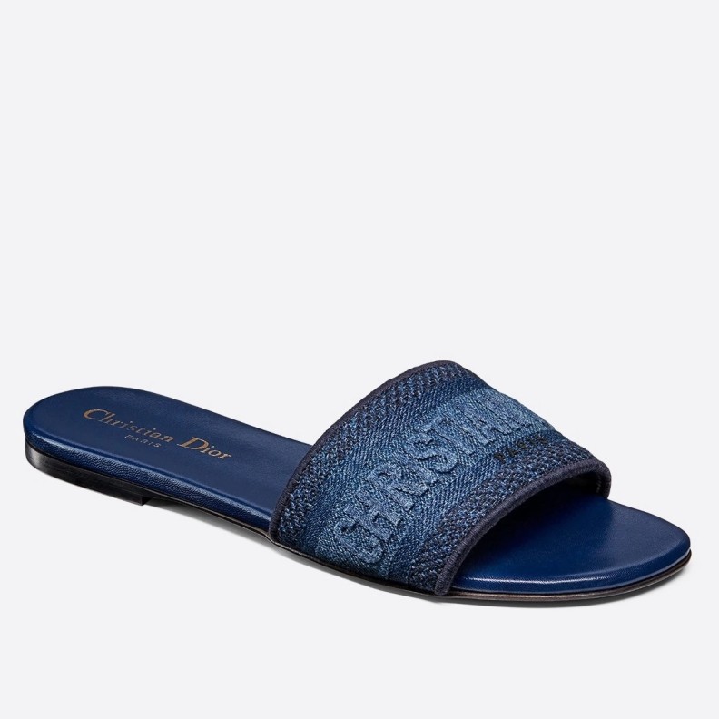 Dior Dway Mules In Denim Blue Oblique Embroidered Cotton