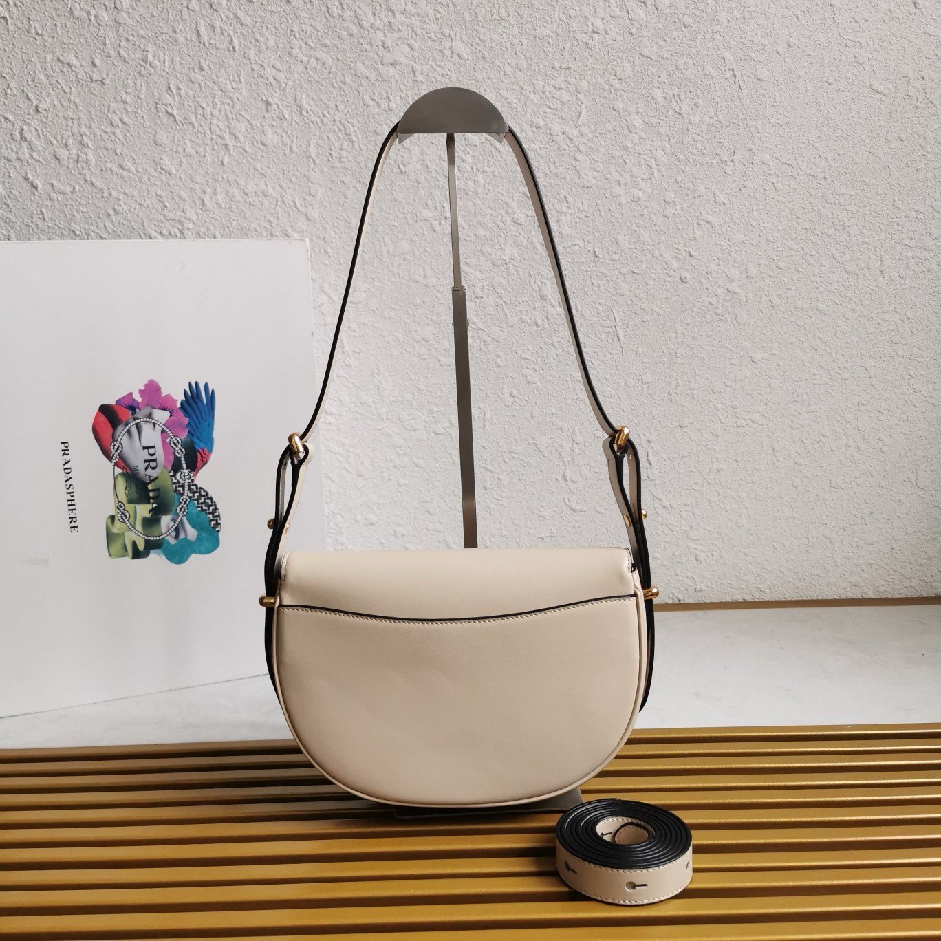 Prada Arque Shoulder Bag with Flap in Beige Leather