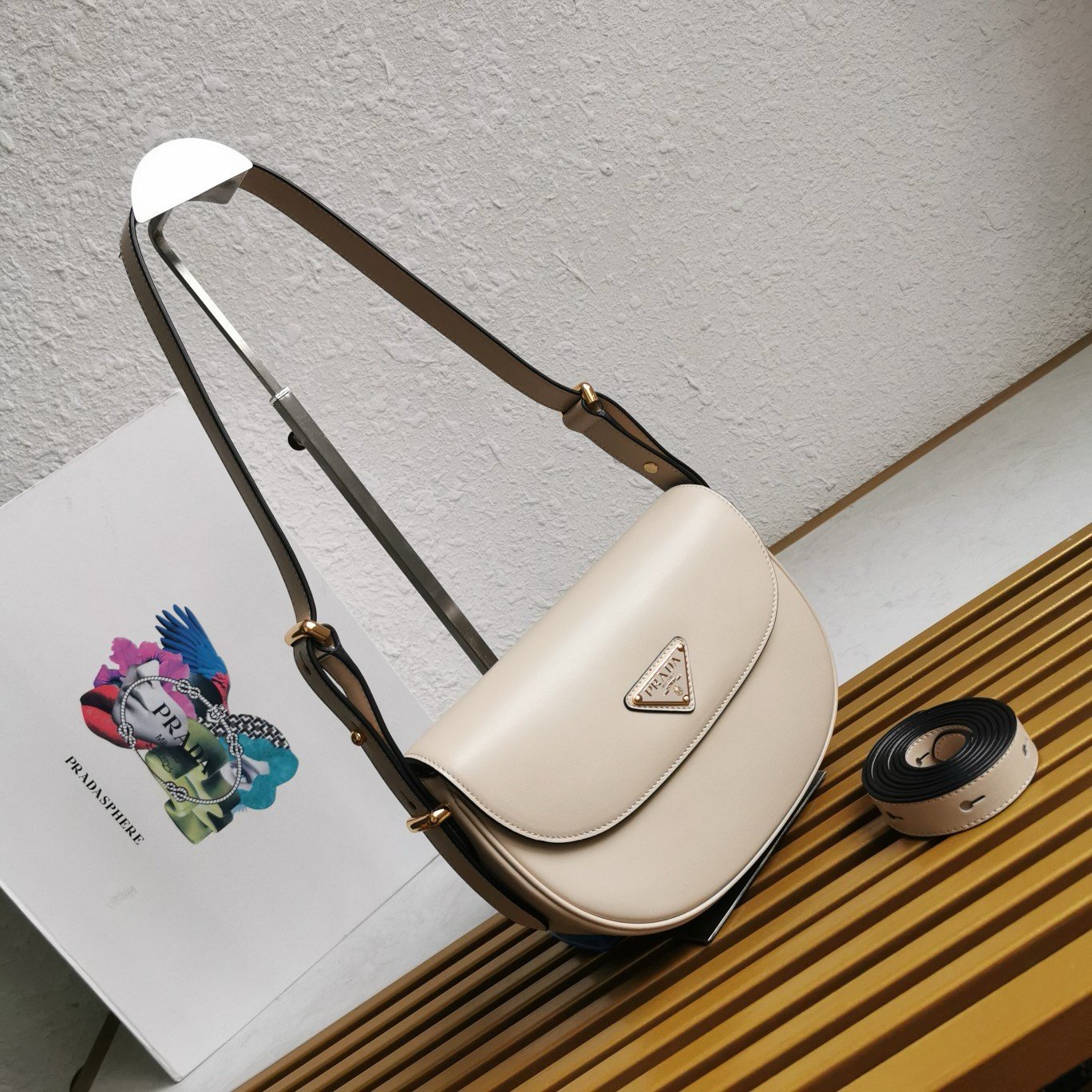 Prada Arque Shoulder Bag with Flap in Beige Leather