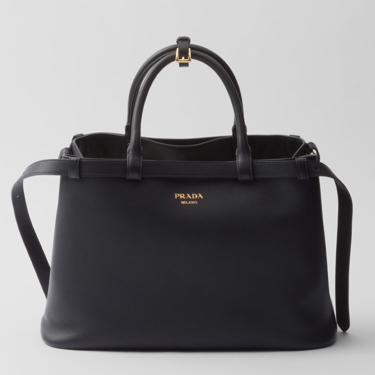 Prada Buckle Medium Bag with Double Belt in Black Leather