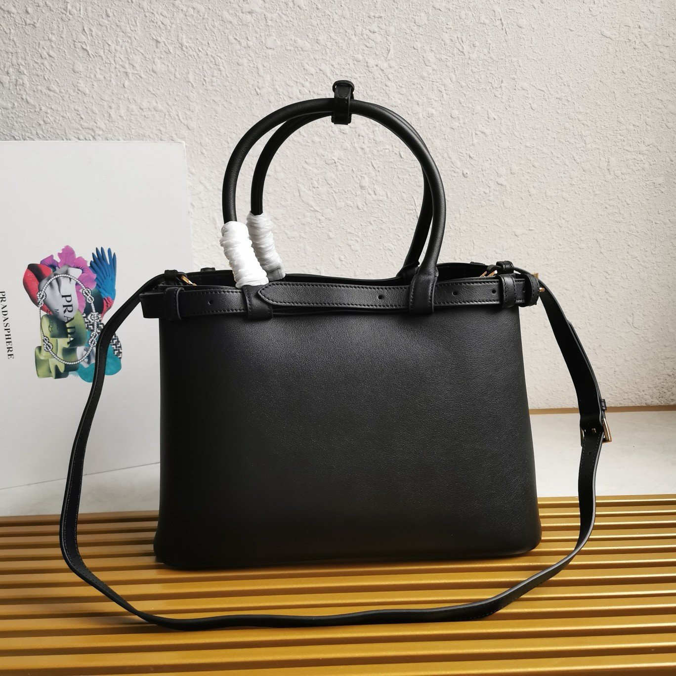 Prada Buckle Medium Bag with Double Belt in Black Leather