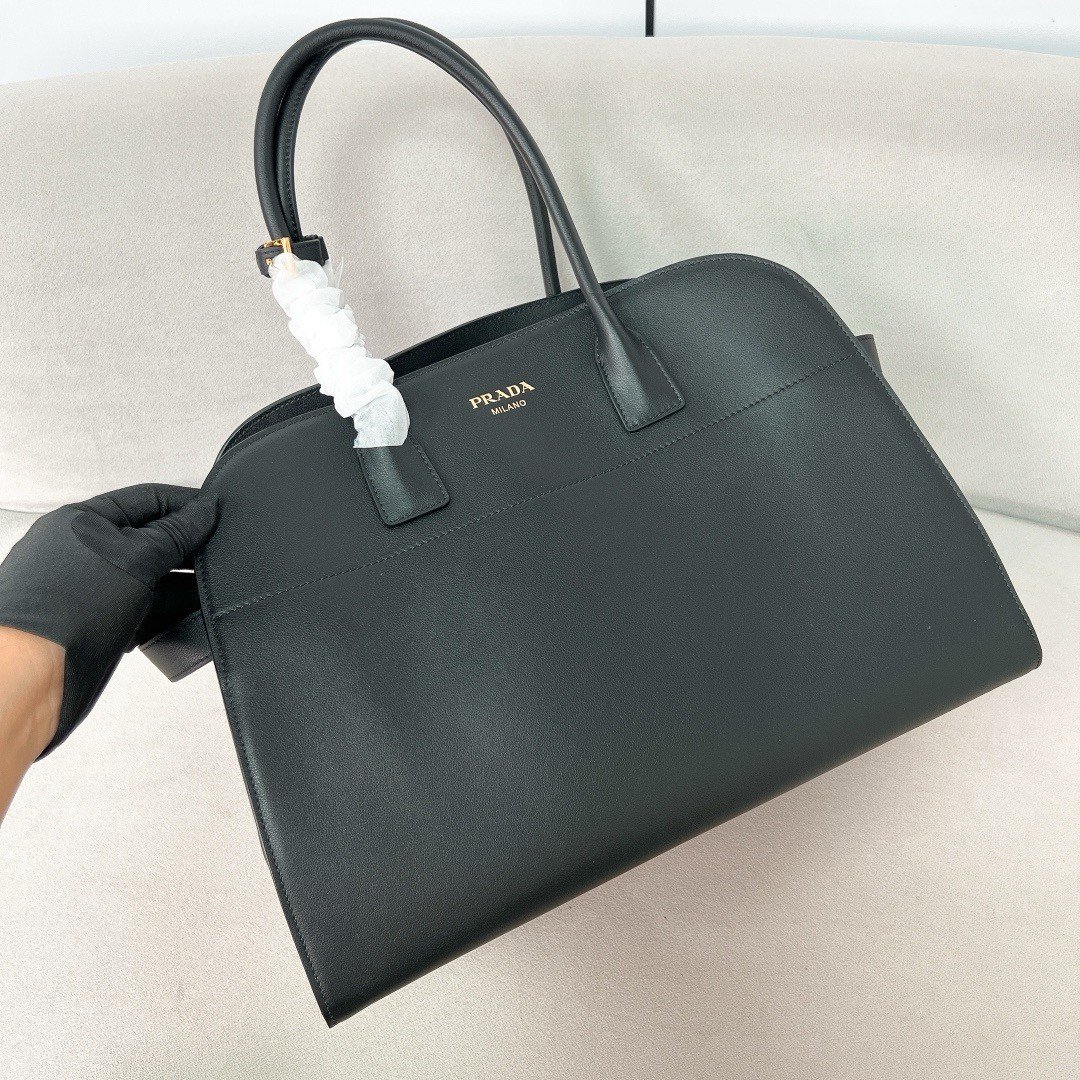 Prada Large Tote Bag in Black Leather with Buckles