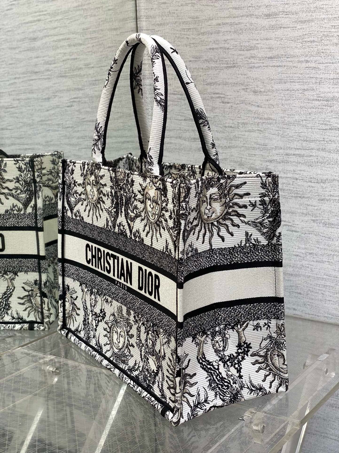 Dior Medium Book Tote Bag in White Toile de Jouy Soleil Embroidery