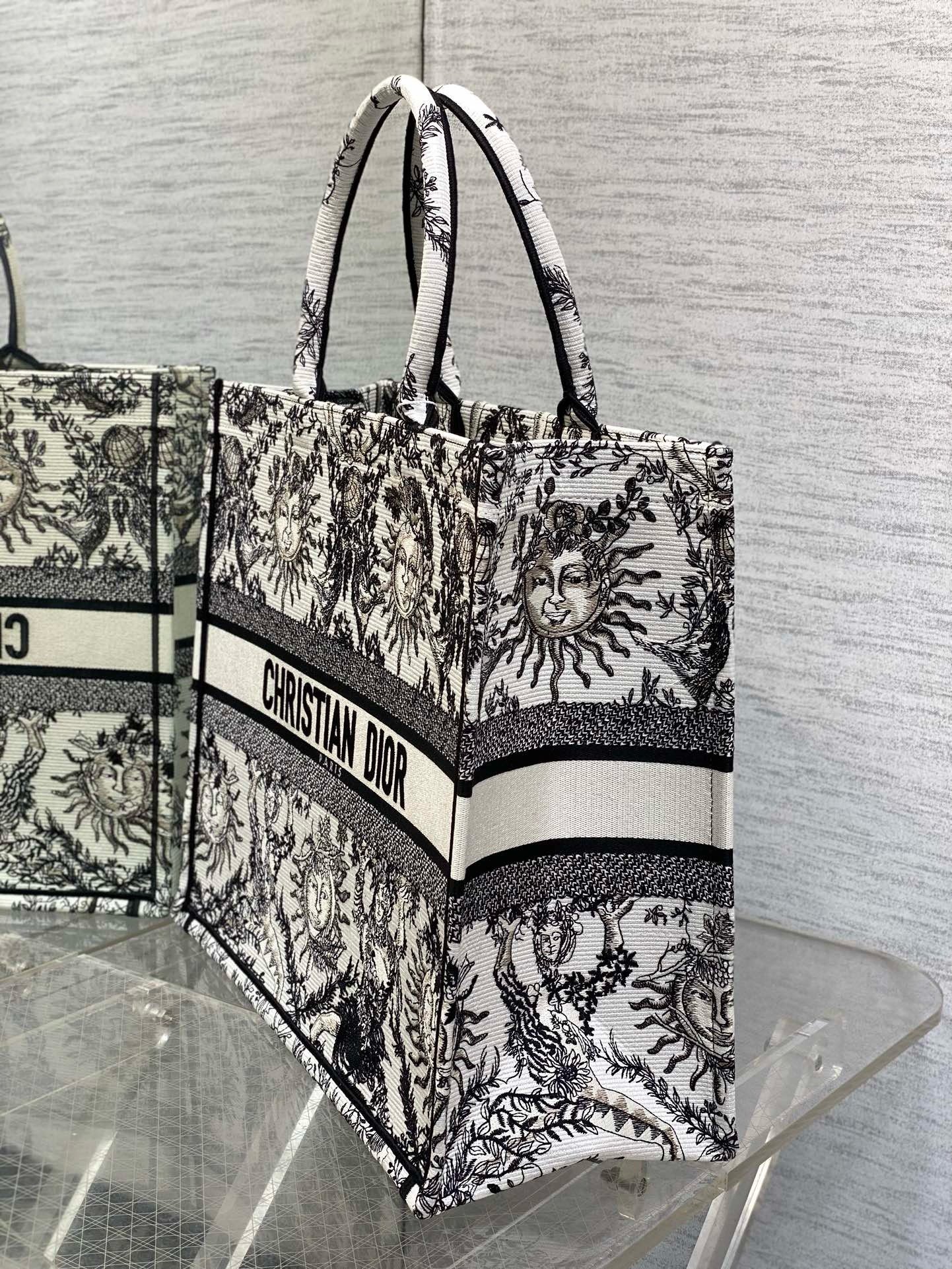 Dior Large Book Tote Bag in White Toile de Jouy Soleil Embroidery