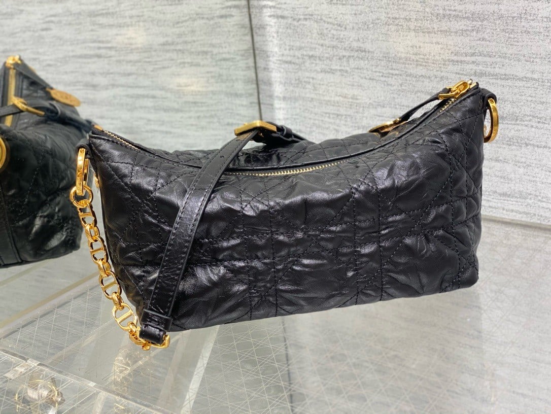 Dior Diorstar Hobo Bag with Chain in Black Crinkled Calfskin