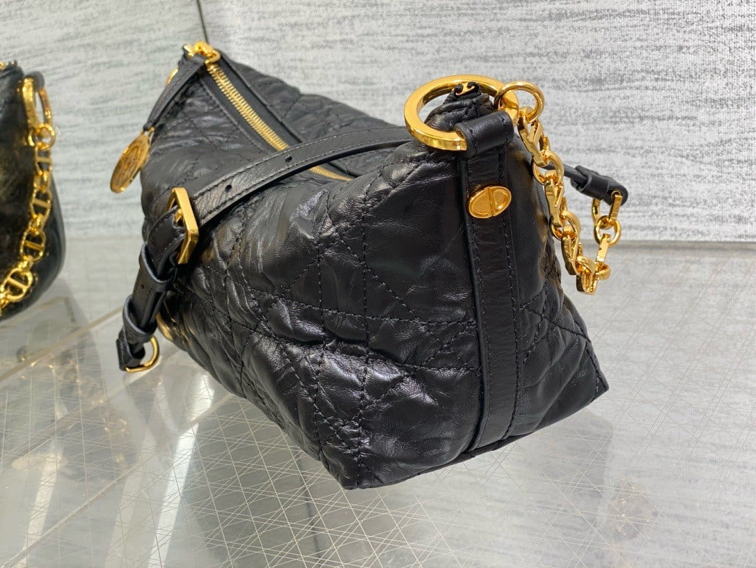 Dior Diorstar Hobo Bag with Chain in Black Crinkled Calfskin