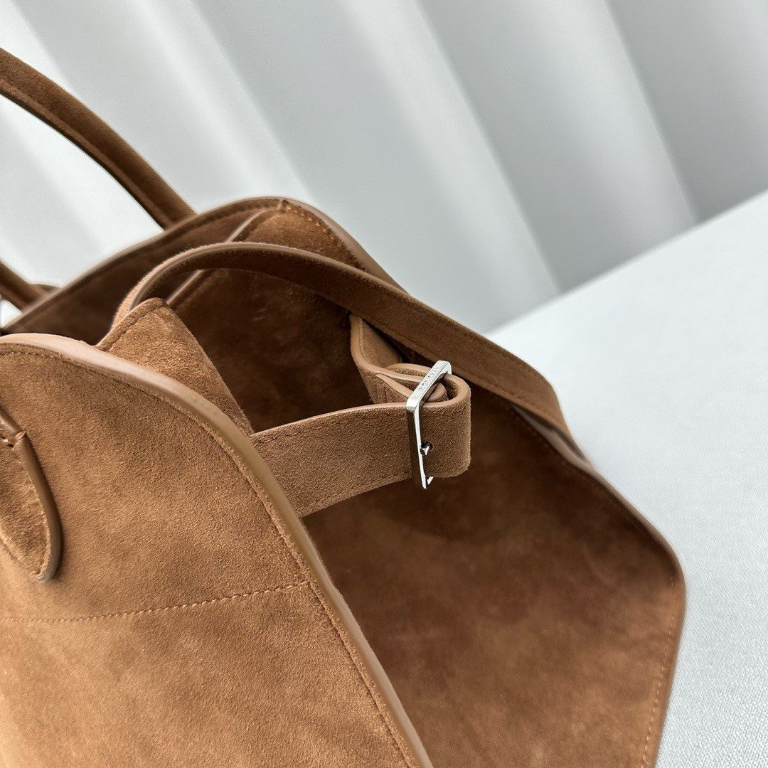 The Row Margaux 12 Top Handle Bag in Brown Suede Leather