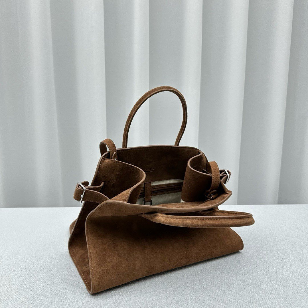 The Row Margaux 12 Top Handle Bag in Brown Suede Leather