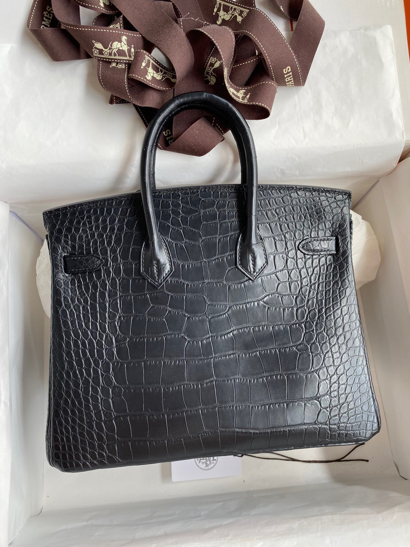 Hermes Birkin 25 Retourne Handmade Bag In Black Matte Alligator Leather